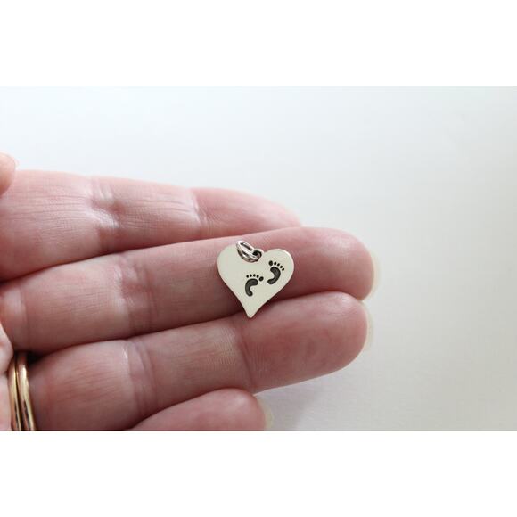 Sterling Silver Heart with Footprints Charm, Baby Footprint Charm - Picture 1 of 3